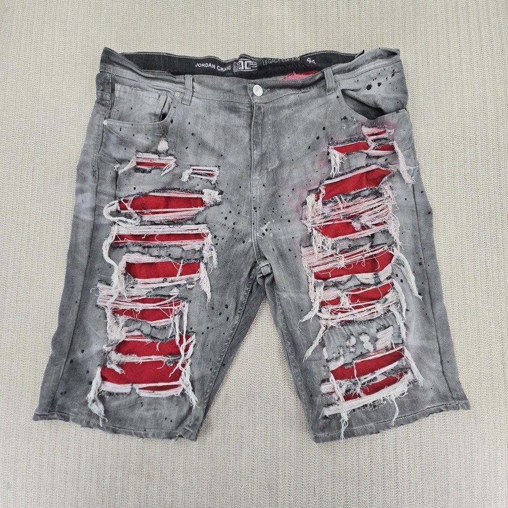 Jordan Craig Shorts Mens 44 Gray Distressed Bermuda Red Paint Splatter Denim
